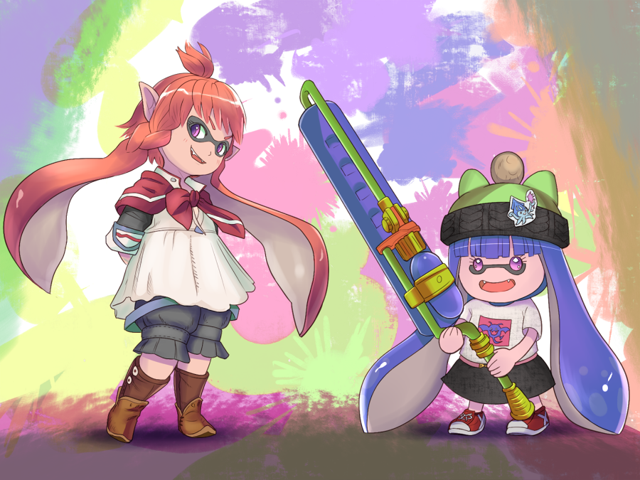 10s, 2girls, andou_kokoa, beanie, crossover, dragon_quest, dragon_quest_x, fang