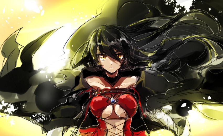1girl, armor, bare_shoulders, black_hair, black_neckwear, breasts, cape, center_opening, choker, clothing_cutout, coat, collarbone, cross-laced_clothes, cross-laced_cutout, female_focus, gradient_background, long_hair, looking_at_viewer, minazaka, navel, slit_pupils, solo, tales_of_(series), tales_of_berseria, underboob, velvet_crowe, yellow_background, yellow_eyes
