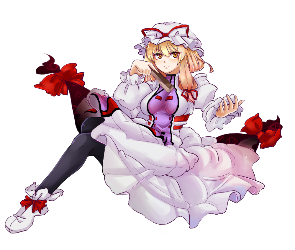 1girl, bad_id, bad_pixiv_id, black_pantyhose, blonde_hair, bootie, breasts, dress, female_focus, folded_fan, folding_fan, gap_(touhou), hair_ribbon, hand_fan, hat, hat_ribbon, juliet_sleeves, long_hair, long_sleeves, looking_at_viewer, mairu_(amamamamamairu), mob_cap, outstretched_hand, pantyhose, puffy_sleeves, ribbon, sidelocks, simple_background, sitting, smile, solo, tabard, touhou, tress_ribbon, white_background, yakumo_yukari, yellow_eyes