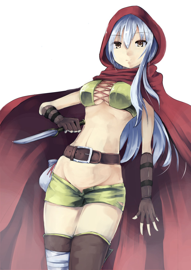 1girl, battery_aida_ni_misu_ga_deta, belt, boots, brown_eyes, cecily_(sennen_sensou_aigis), cloak, cowboy_shot, dagger, female_focus, fingerless_gloves, gloves, hood, hooded_cloak, knife, long_hair, sennen_sensou_aigis, short_shorts, shorts, silver_hair, solo, thigh_boots, thighhighs, weapon, white_background