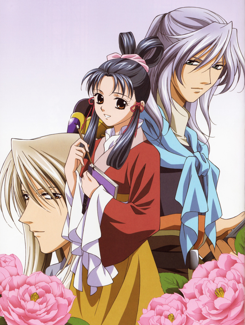 00s, 1girl, 2boys, absurdres, book, chinese_clothes, flower, hair_rings