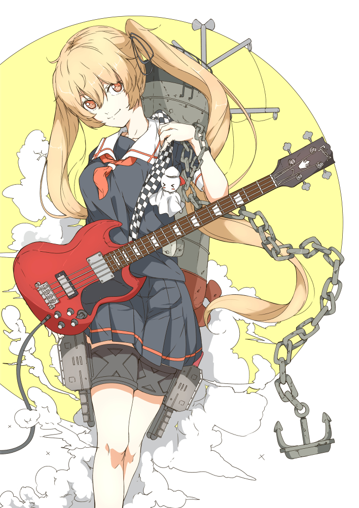 >_<, 10s, 1girl, anchor, bad_id, bad_pixiv_id, bass_guitar, black_serafuku