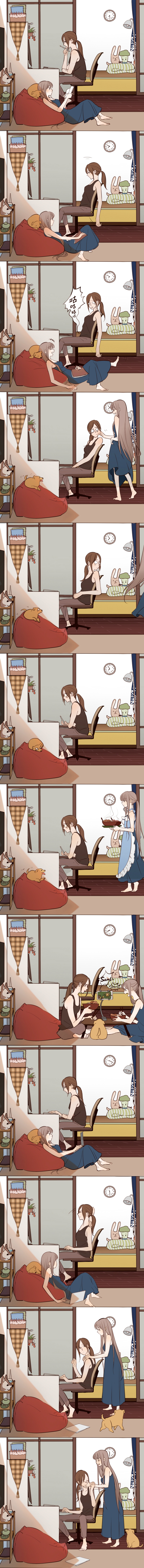 2girls, absurdres, apron, clock, comic, highres, kiss, kissing_hand