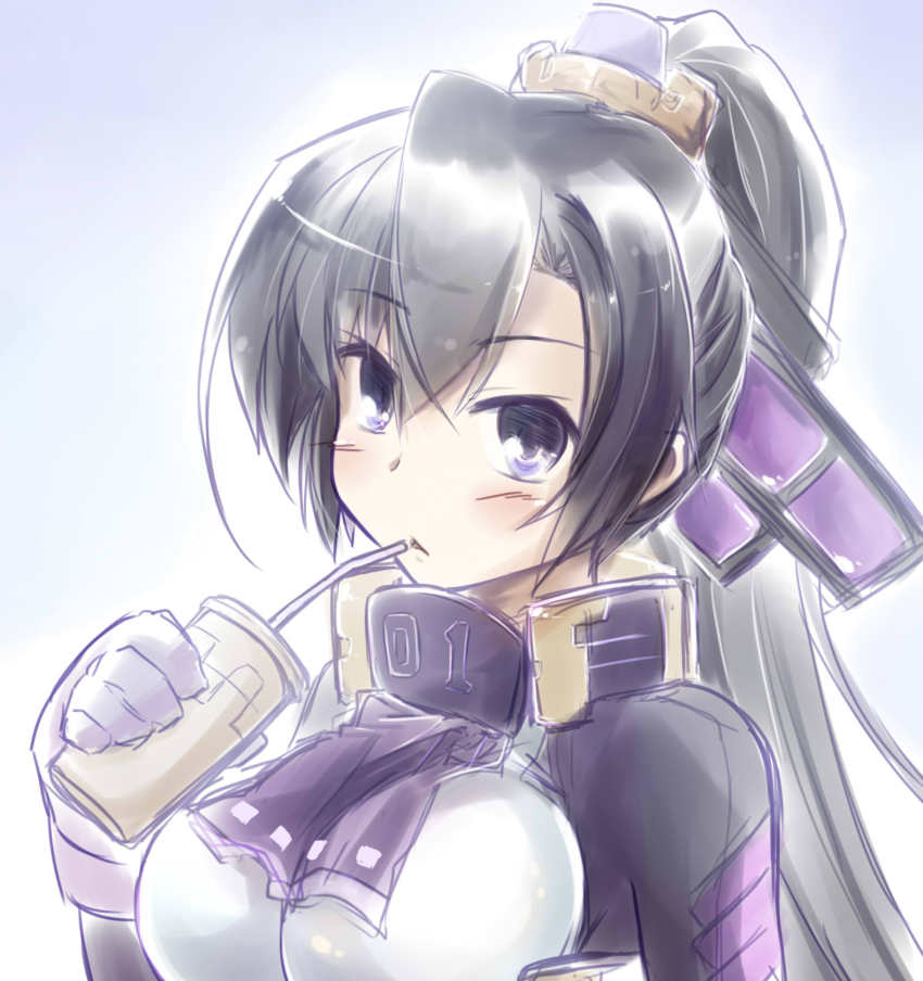 1girl, black_hair, blue_eyes, bodysuit, chris1026, female_focus, food, fukushima_masanori_(kyoukaisenjou_no_horizon)