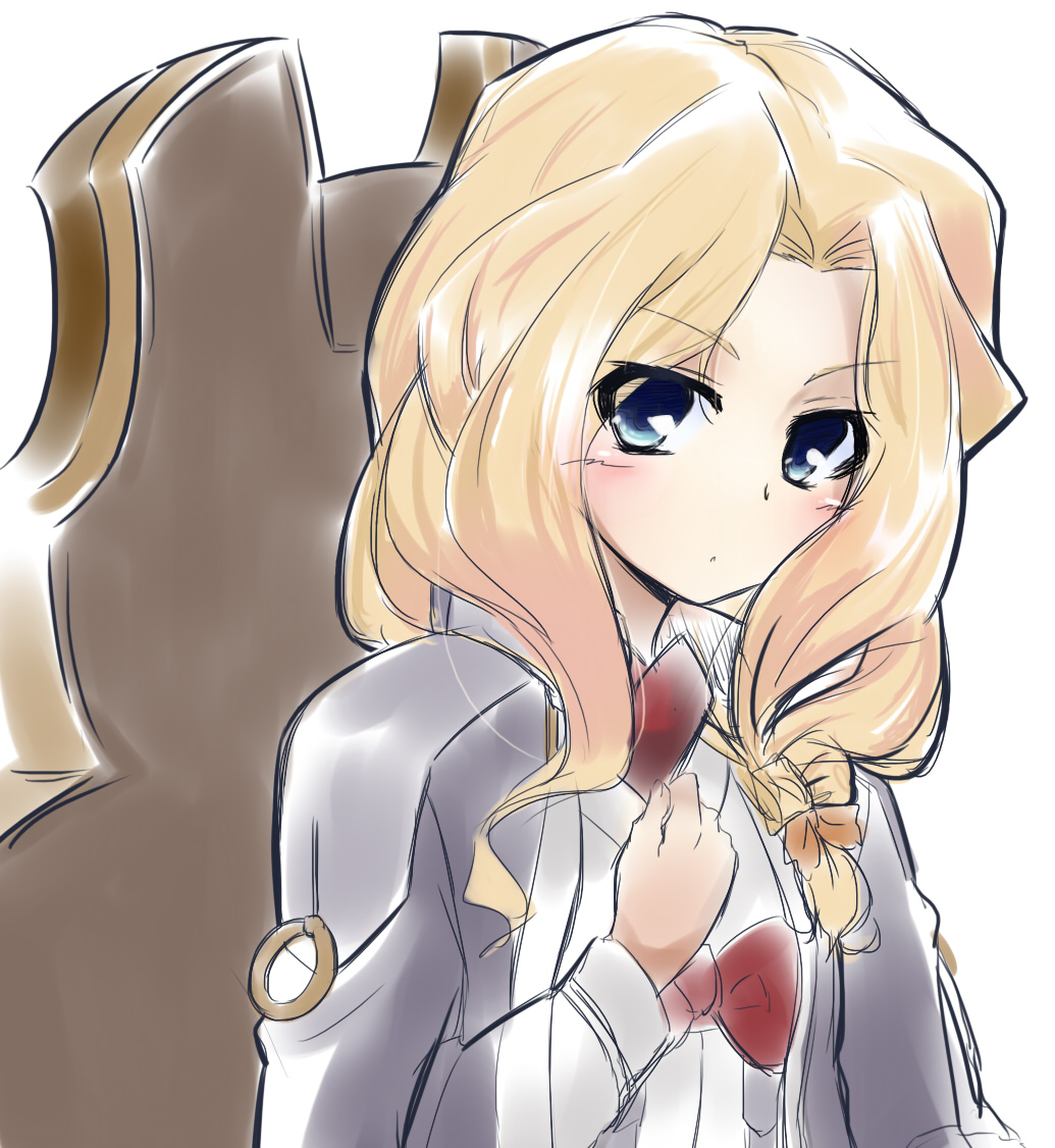 1girl, blonde_hair, blue_eyes, bodysuit, chris1026, female_focus, hands_on_lap, kyoukaisenjou_no_horizon