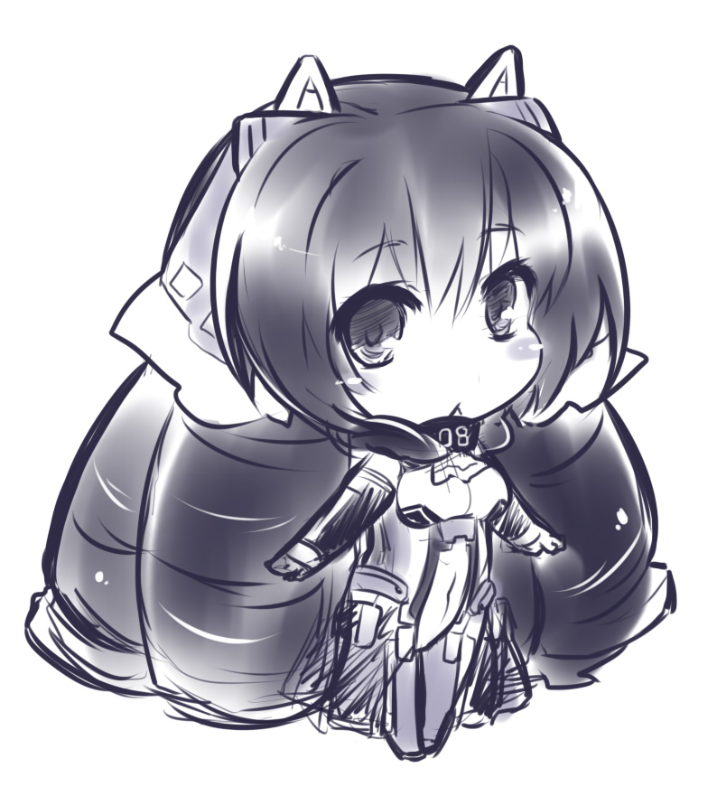 1girl, bodysuit, chibi, chris1026, female_focus, kasuya_takenori, kyoukaisenjou_no_horizon, monochrome