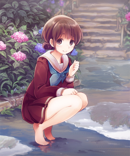 10s, 1girl, barefoot, blue_neckerchief, brown_eyes, brown_hair, feet, female_focus