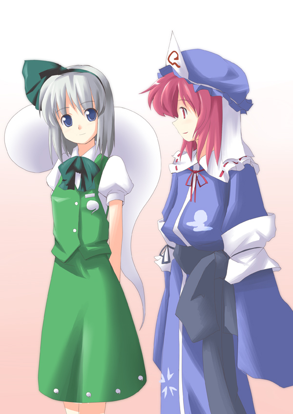 2girls, bad_id, bad_pixiv_id, blue_eyes, female_focus, ghost, hairband, hat