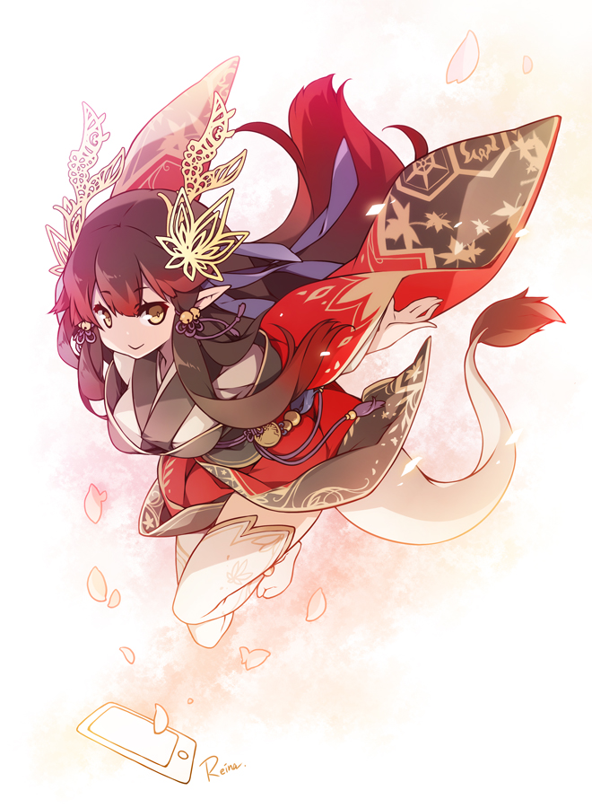 1girl, brown_hair, cellphone, dragon_tail, female_focus, gradient_background, japanese_clothes, kimono