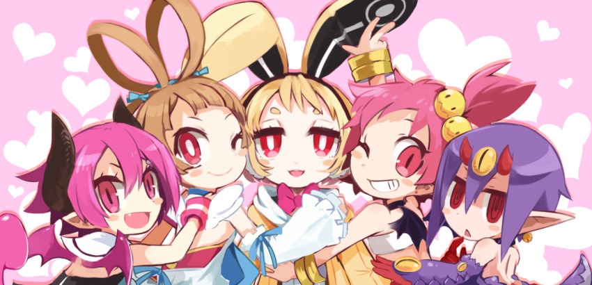 5girls, :o, angel_wings, animal_ears, arms_up, bandeau, bare_shoulders, bow, bracelet, bright_pupils, choker, demon_girl, demon_tail, desco_(disgaea), detached_sleeves, disgaea, disgaea_d2, earrings, fang, girl_sandwich, grin, hair_between_eyes, hair_bobbles, hair_ornament, hanako_(disgaea), hand_on_shoulder, heart, horns, hug, jewelry, long_sleeves, makai_senki_disgaea_2, makai_senki_disgaea_3, makai_senki_disgaea_4, makai_senki_disgaea_5, multiple_girls, one_eye_closed, oni_horns, open_mouth, pointy_ears, purple_hair, rabbit_ears, raspberyl, red_eyes, sandwiched, short_hair, sicily_(disgaea), simple_background, sleeveless, slit_pupils, smile, strapless, tail, thick_eyebrows, third_eye, tube_top, upper_body, usalia_(disgaea), wings, wrist_cuffs