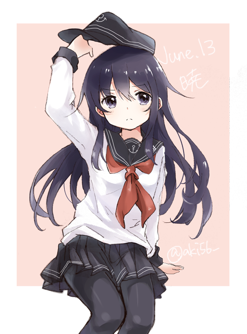 10s, 1girl, akatsuki_(kancolle), akiho_(quinrose), black_hair, female_focus, hat, kantai_collection, long_hair, pantyhose, school_uniform, serafuku, simple_background, skirt, solo