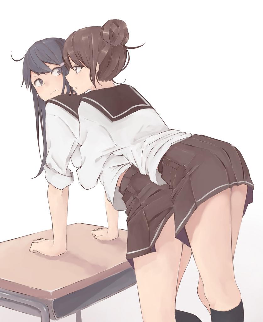 2girls, ahoge, bent_over, black_socks, blouse, brown_hair, dark-skinned_female, dark_skin, desk, eye_contact, frown, hair_bun, hair_ornament, hairclip, hug, hug_from_behind, kneehighs, legs_together, long_hair, looking_at_another, looking_back, miniskirt, multiple_girls, original, pleated_skirt, pout, rucchiifu, sailor_collar, school_desk, school_uniform, serafuku, shirt, simple_background, single_hair_bun, skirt, sleeves_rolled_up, socks, standing, white_background, white_shirt, yuri