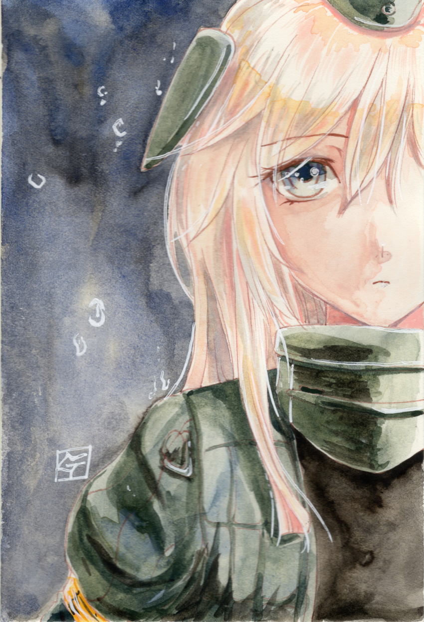 10s, 1girl, blonde_hair, blue_eyes, cropped_jacket, eyes_visible_through_hair, female_focus, garrison_cap