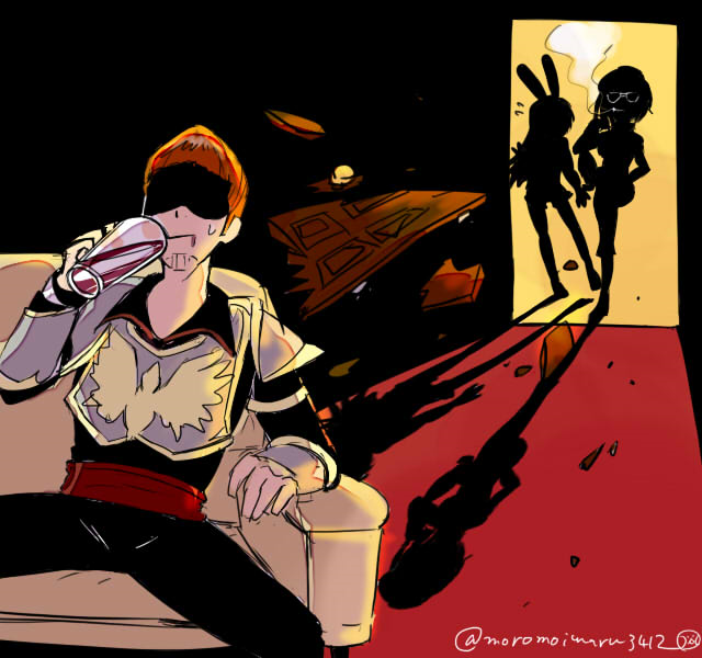 1boy, 2girls, animal_ears, cardin_winchester, coco_adel, drink, glasses, hat, moromoimaru, multiple_girls, rabbit_ears, rwby, shadow, short_hair, silhouette, simple_background, velvet_scarlatina