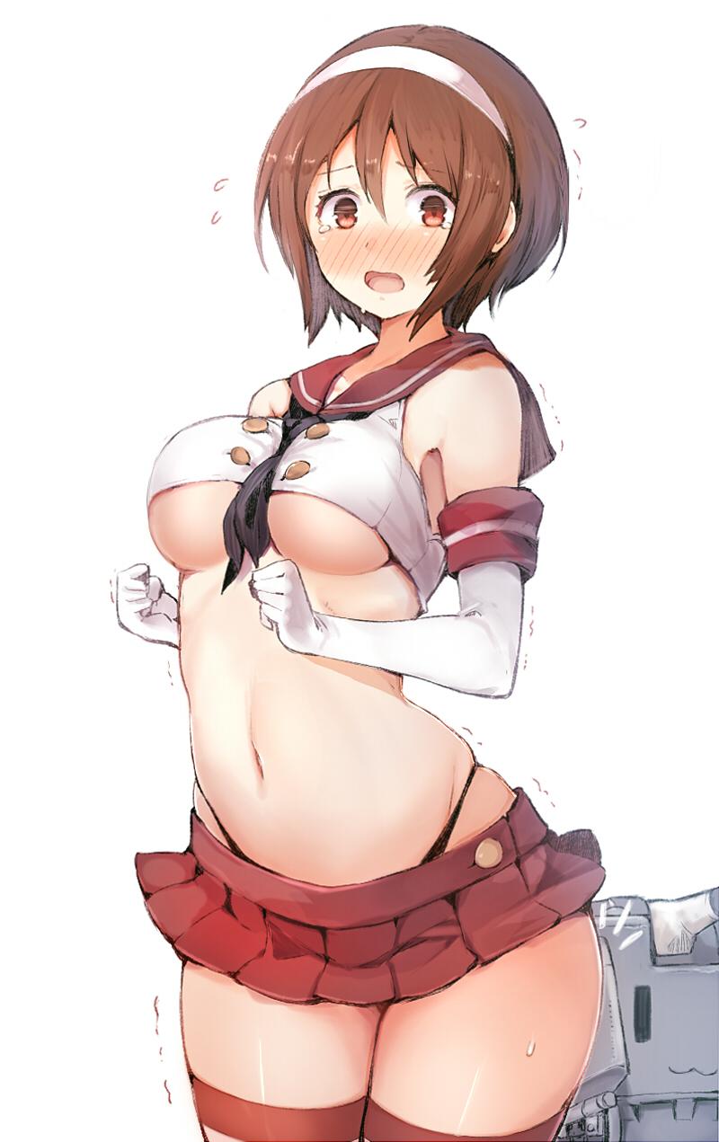 1girl, :3, black_panties, blush, breasts, brown_hair, cleavage, clothes_lift
