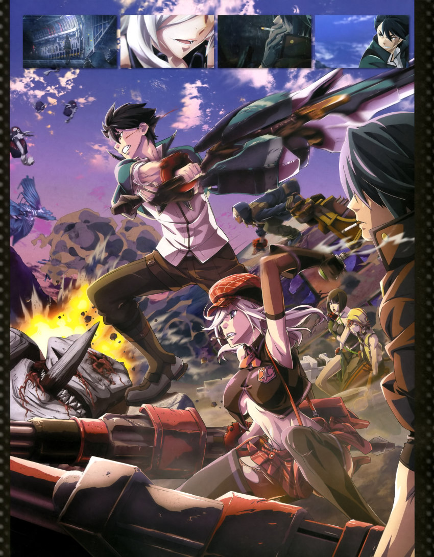 10s, 2girls, 4boys, :o, absurdres, alisa_ilinichina_amiella, amamiya_rindou, angry, arm_up, armpits, attack, bare_shoulders, battle, black_footwear, black_gloves, black_hair, black_legwear, blood, blue_eyes, bob_cut, boots, bracer, breast_hold, breasts, breasts_apart, newsboy_cap, cigarette, cleavage, clenched_teeth, cloak, cloud, criss-cross_halter, crop_top, dark_skin, debris, detached_sleeves, elbow_gloves, emblem, explosion, explosive, fingerless_gloves, flying, from_side, fujiki_kouta, gatling_gun, gloves, god_eater, god_eater_burst, grenade, gun, hair_between_eyes, hair_over_eyes, halterneck, hat, high_collar, highres, holding, holding_sword, holding_weapon, hood, huge_weapon, injury, jacket, knee_boots, large_breasts, legs_apart, lindow_amaiya, long_hair, midriff, miniskirt, monster, motion_blur, mouth_hold, multiple_boys, multiple_girls, namco, no_bra, official_art, open_clothes, open_mouth, open_vest, outdoors, pantyhose, pillarboxed, plaid_clothes, plaid_headwear, plaid_skirt, red_hair, red_hat, red_skirt, scan, school_uniform, sharp_teeth, shirt, short_hair, skirt, sky, smoke, smoking, soma_schicksal, spiked_hair, squatting, suspender_skirt, suspenders, sword, tachibana_sakuya_(god_eater), teeth, thigh_boots, thighhighs, torn_clothes, torn_legwear, ufotable, underboob, utsugi_lenka, vest, weapon, white_hair