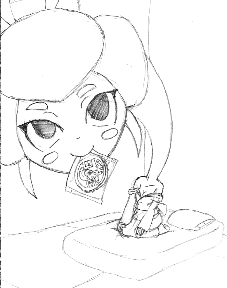 10s, 1girl, artist_request, blush, breasts, cleavage, condom, condom_in_mouth, condom_wrapper, female_focus, looking_at_viewer, monochrome, mouth_hold, rokurokubi_(youkai_watch), solo, youkai_watch