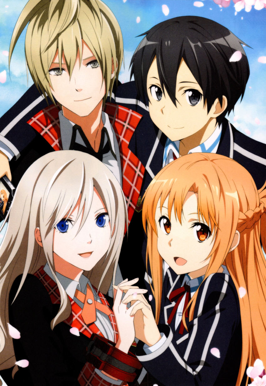 10s, 2boys, 2girls, absurdres, alisa_ilinichina_amiella, asuna_(sao), blue_eyes, crossover, god_eater, god_eater_2:_rage_burst, god_eater_burst, gradient_background, highres, holding_hands, julius_visconti, kirito, long_hair, looking_at_viewer, multiple_boys, multiple_girls, official_art, open_mouth, quartet, scan, short_hair, smile, sword_art_online, sword_art_online:_lost_song_-_the_complete_guide, white_hair