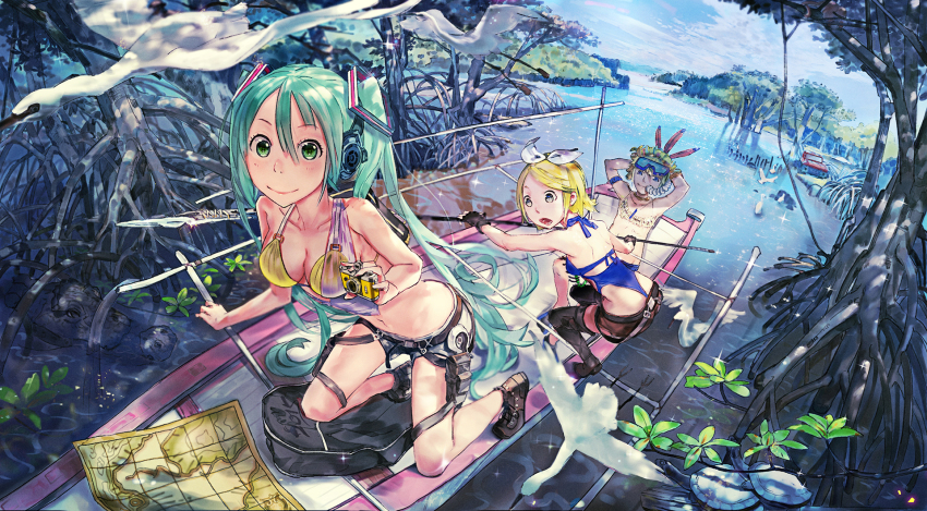 1boy, 2girls, aqua_eyes, aqua_hair, armband, arms_behind_head, bag, bikini, bikini_under_clothes, bird, black_thighhighs, blonde_hair, blue_bikini, blue_eyes, boat, breasts, camera, cleavage, cloud, cloudy_sky, collarbone, crane_(animal), crocodile, crocodilian, cross-laced_footwear, dan_evan, day, feather_hair_ornament, feathers, fingerless_gloves, gloves, goggles, goggles_on_head, green_eyes, hair_between_eyes, hair_ornament, hatsune_miku, hatsune_miku_the_world_traveler, headphones, highres, holding, holding_camera, holding_weapon, jewelry, kagamine_len, kagamine_rin, kneeling, long_hair, looking_at_viewer, mangrove, map, medium_breasts, motor_vehicle, multiple_girls, navel, necklace, on_boat, open_mouth, outdoors, perspective, polearm, short_hair, short_shorts, shorts, sitting, sky, smile, snorkel, sparkle, spear, squatting, swept_bangs, swimsuit, swimsuit_under_clothes, thighhighs, tree, truck, turtle, twintails, very_long_hair, vocaloid, water, watercraft, weapon, wetland