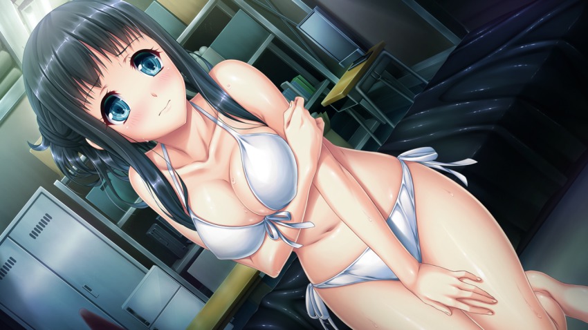 1girl, bed, bikini, bishoujo_wo_jouzu_ni_niku_benki_ni_suru_houhou, black_hair, blue_eyes, blush, breast_hold