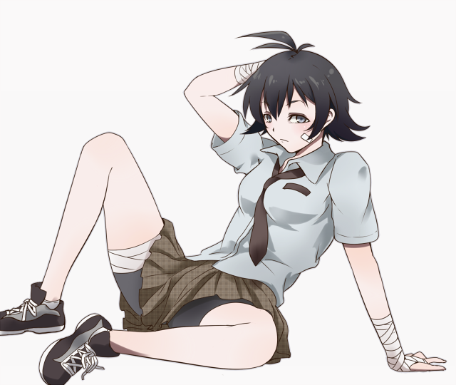 1girl, alternate_costume, antenna_hair, arm_behind_head, bandages, bandaid, bandaid_on_face, between_breasts, bike_shorts, bike_shorts_under_skirt, black_hair, breasts, female_focus, full_body, grey_eyes, hand_wraps, kuroi_no, looking_at_viewer, makoto_(street_fighter), necktie, necktie_between_breasts, school_uniform, shoes, short_hair, shorts, shorts_under_skirt, simple_background, sitting, sneakers, solo, street_fighter, street_fighter_iv_(series)