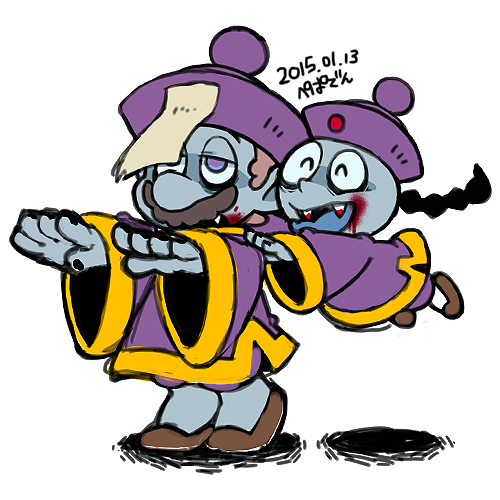 1boy, artist_name, blood, cosplay, dated, facial_hair, ghost-pepper, hands_on_another's_shoulders