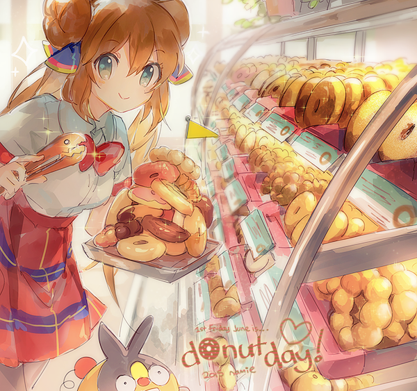 10s, 1girl, 2015, aqua_eyes, artist_name, bow, bowtie, brown_hair, collared_shirt, dated, display, donut, donut_day, double_bun, english_text, food, gen_3_pokemon, gen_5_pokemon, hair_bun, heart, long_hair, looking_at_viewer, namie-kun, nintendo, pastry, plaid_clothes, plaid_skirt, pokemon, pokemon_(creature), pokemon_black_2_and_white_2, pon_de_ring, rosa_(pokemon), shirt, short_sleeves, skirt, smile, tepig, tongs, trapinch, twintails, white_shirt