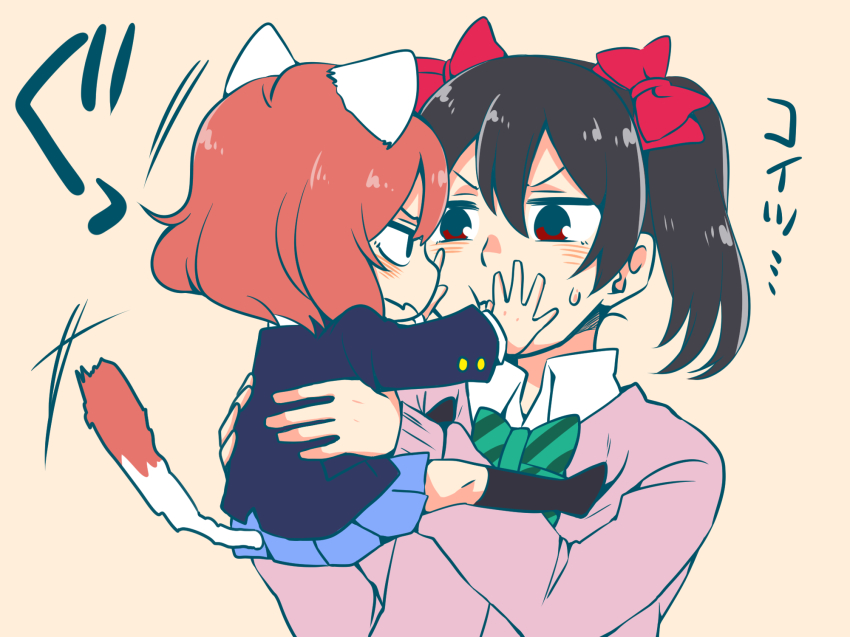 >:t, 10s, 2girls, :t, animal_ears, arablue, black_hair, blush