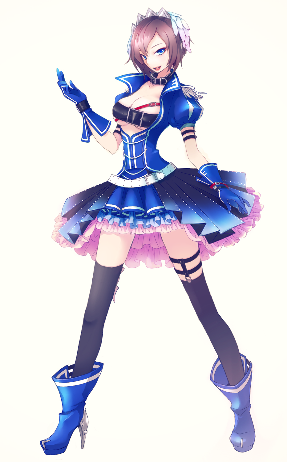 1girl, anko_anko, belt, belt_bra, blue_boots, blue_dress, blue_eyes, blue_gloves