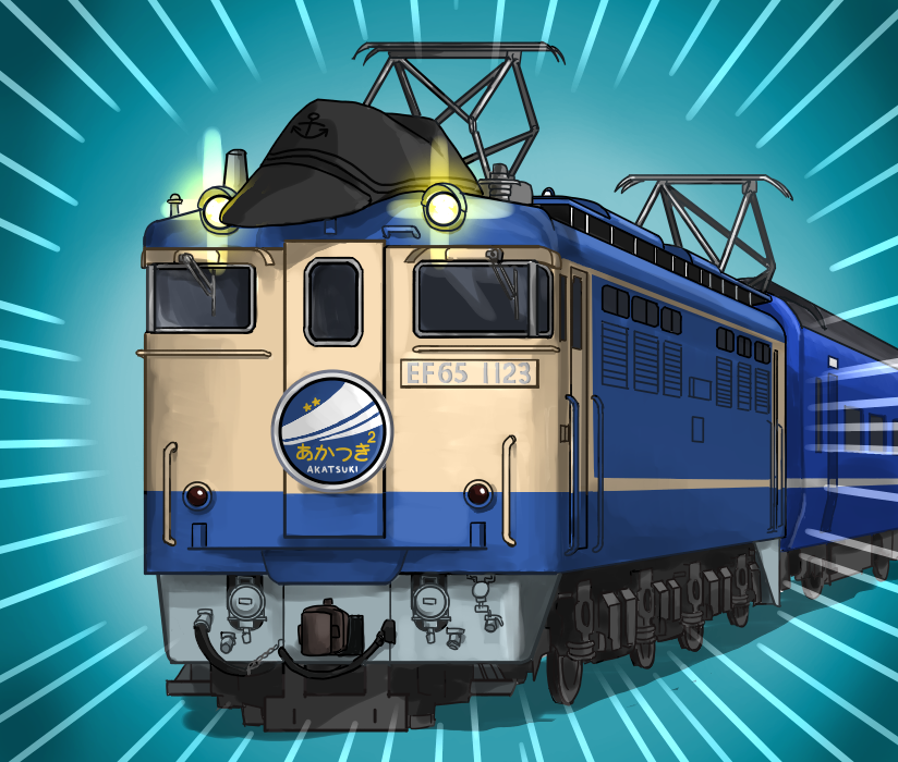 10s, akatsuki_(kancolle), akatsuki_(train), bad_id, bad_pixiv_id, crossover, electric_locomotive, emblem, flat_cap, gradient_background, hat, japan_railways, kantai_collection, locomotive, name_connection, nishinishi_(nagareboshi), no_humans, pantograph, remodel_(kantai_collection), train, vehicle_focus, west_japan_railway_company, wheel, window, windshield_wiper