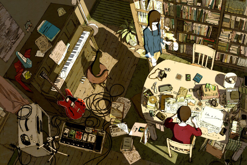 1boy, 1girl, absurdly_detailed_composition, amplifier, black_cat, blue_shirt, book, bookshelf