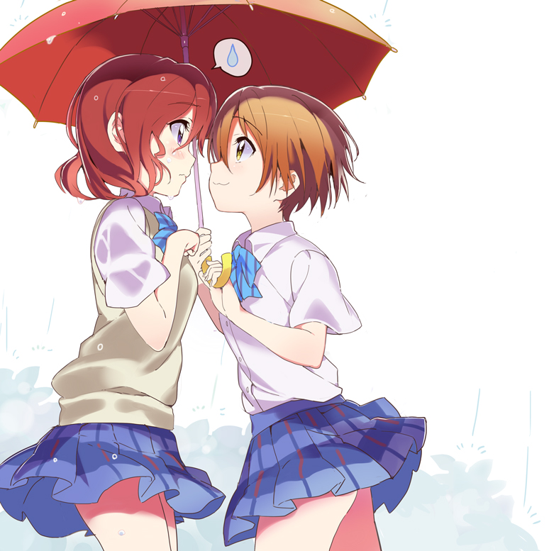 10s, 2girls, :3, bare_legs, blue_bow, blue_bowtie, blue_skirt, blush