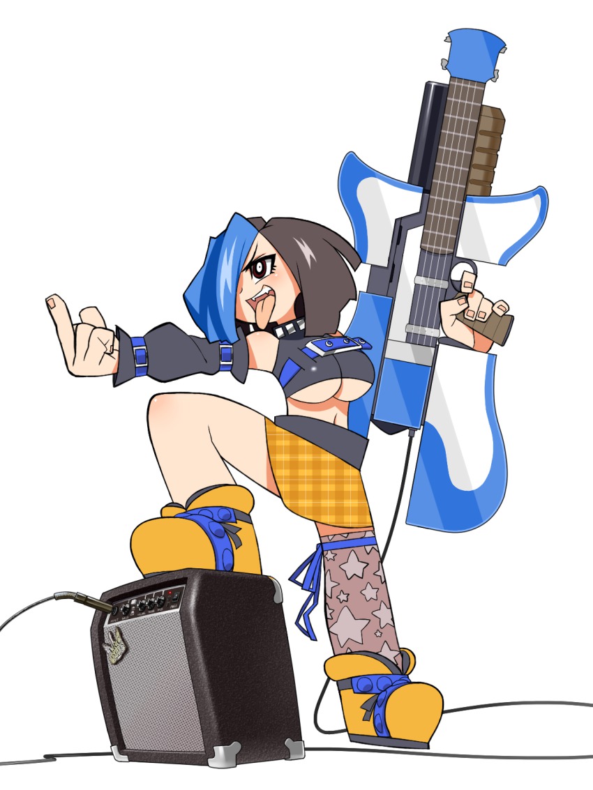 10s, 1girl, amplifier, bad_id, bad_twitter_id, black_hair, blue_hair, blush