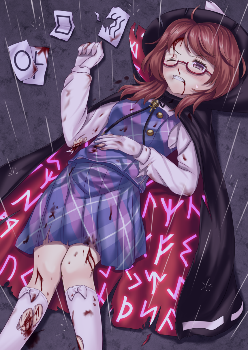 1girl, blood, blood_from_mouth, blood_on_clothes, blood_on_face, brown_eyes, brown_hair, cape