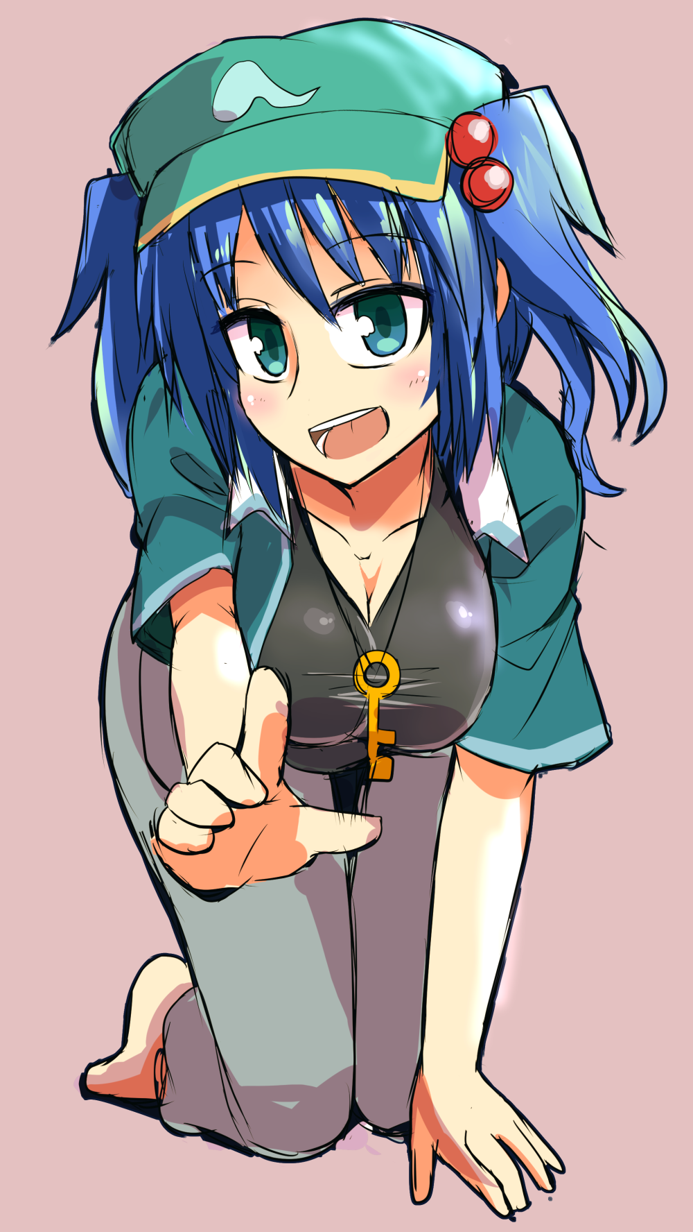 1girl, :d, adapted_costume, all_fours, black_shirt, blue_eyes, blue_hair, blush