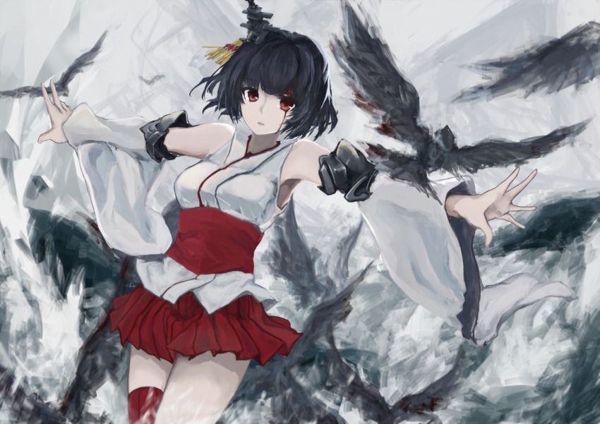 10s, 1girl, bare_shoulders, bird, black_hair, blood, blood_on_face, breasts