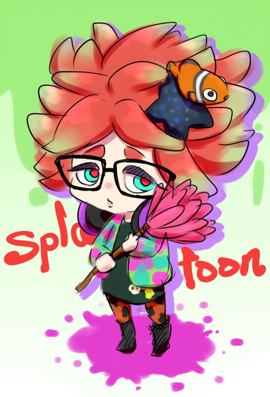 1girl, amanatsu_(ama_natu), animal, animal_print, annie_(splatoon), black-framed_eyewear, blue_eyes, clownfish, copyright_name, duster, feather_duster, female_focus, fish, glasses, hair_ornament, headphones, headphones_around_neck, holding, hood, hoodie, moe_(splatoon), nintendo, orange_pantyhose, pantyhose, red_hair, red_pupils, short_hair, simple_background, skull, solo, splatoon_(series), splatoon_1, squid, star_(symbol), star_hair_ornament, tentacle_hair