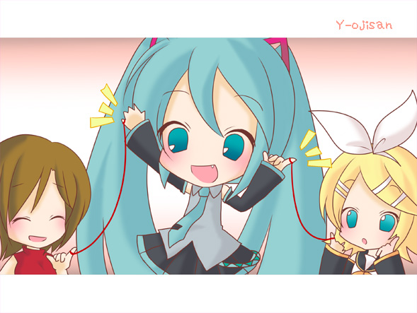3girls, :d, aqua_hair, blush, chibi, fang, hatsune_miku, iosys