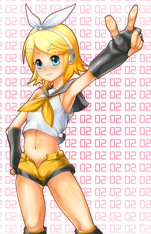 1girl, armpits, baanin, blonde_hair, blue_eyes, blush, female_focus, kagamine_rin, kagamine_rin_(if), midriff, no_panties, open_clothes, open_fly, open_shorts, outstretched_arm, shorts, sleeveless_top, solo, unzipped, vocaloid