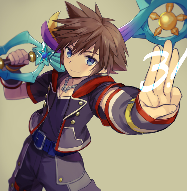 1boy, belt, brown_hair, hood, hood_down, hoodie, jewelry, keyblade, kingdom_hearts, kingdom_hearts_iii, male_focus, necklace, nino_(nino_imo), over_shoulder, simple_background, solo, sora_(kingdom_hearts), spiked_hair