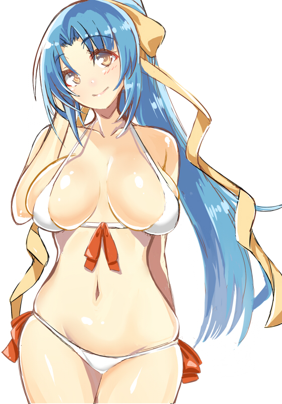 1girl, bikini, blue_hair, blush, bow, breasts, brown_eyes, female_focus
