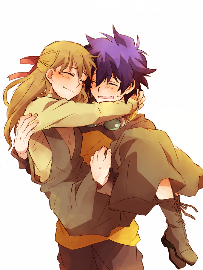 1boy, 1girl, bad_id, bad_pixiv_id, brother_and_sister, brown_hair, carrying, closed_eyes