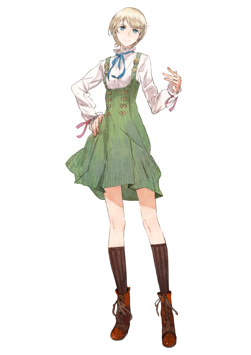 1girl, absurdres, atlus, blonde_hair, blouse, blue_eyes, boots, dress