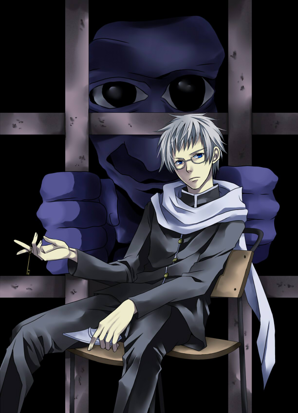 1boy, ao_oni, black_eyes, blue_eyes, chair, hiroshi_(ao_oni), key, looking_at_viewer