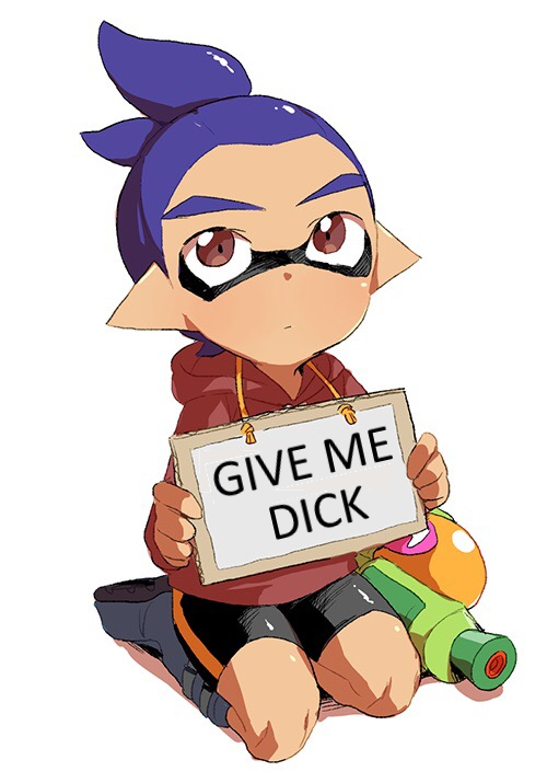 1boy, blue_hair, brown_eyes, fake_translation, full_body, holding, holding_sign, inkling, inkling_boy, inkling_player_character, male_focus, mask, nekobayashi_(nekoforest), nintendo, pointy_ears, shoes, short_hair, shorts, sign, sign_around_neck, simple_background, sitting, sneakers, solo, splatoon_(series), splattershot_(splatoon), tentacle_hair, tentacles, text_focus