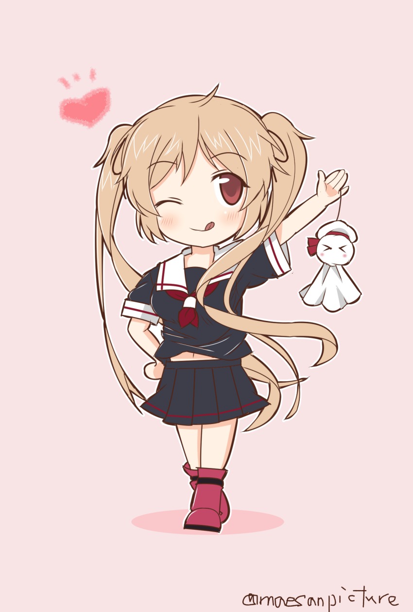 >_<, 10s, 1girl, black_serafuku, chibi, closed_eyes, female_focus, heart