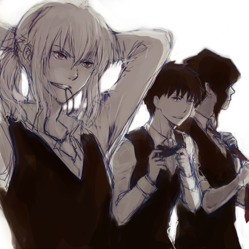 00s, 3boys, adjusting_clothes, adjusting_necktie, black_hair, blue_eyes, carnival_phantasm, formal_clothes