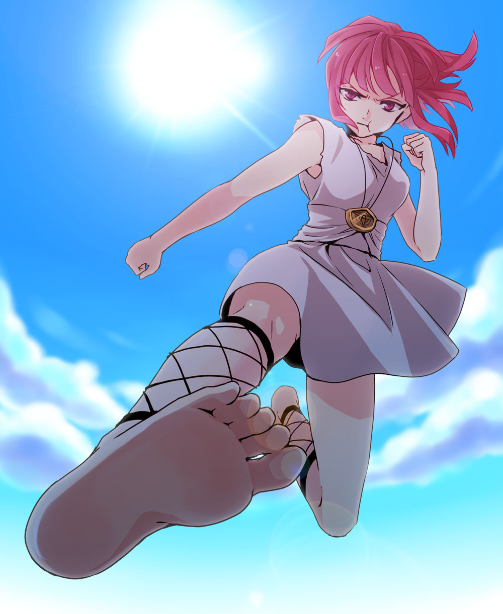 1girl, ankle_lace-up, bad_id, bad_pixiv_id, barefoot, dress, feet, female_focus