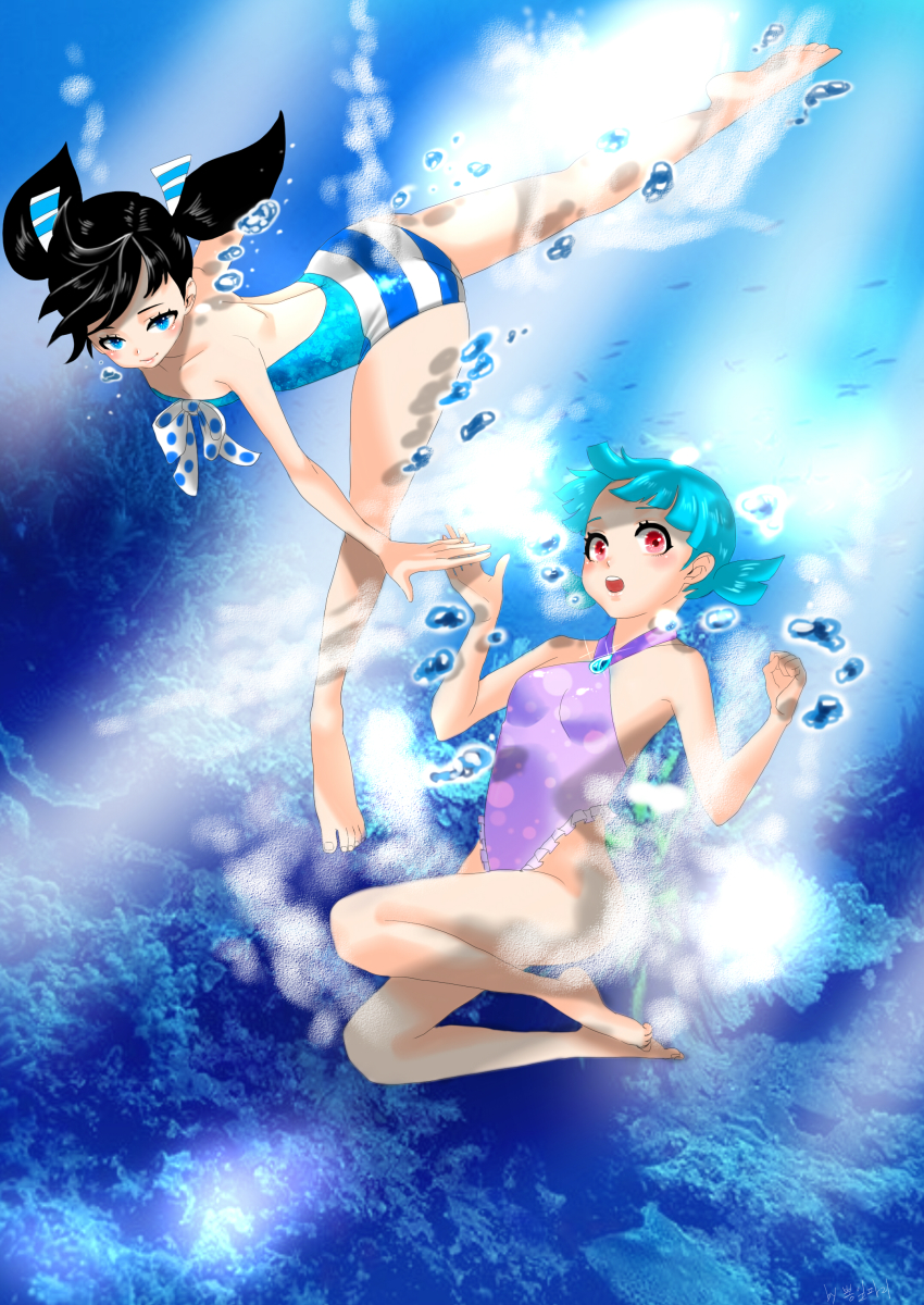 2girls, absurdres, air_bubble, bad_id, bad_pixiv_id, barefoot, black_hair, blue_eyes