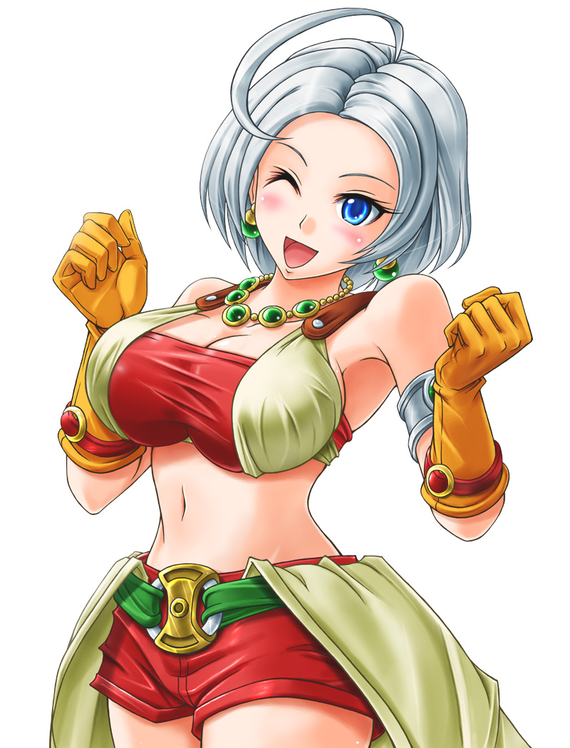 1girl, :d, ahoge, armlet, blue_eyes, blush, breasts, cleavage, dragon_quest, dragon_quest_x, earrings, female_focus, gloves, jewelry, large_breasts, looking_at_viewer, midriff, necklace, one_eye_closed, open_mouth, red_shorts, riin_(dq), riin_(dq10), shimusu, short_hair, short_shorts, shorts, silver_hair, smile, solo, white_background, xietong_win